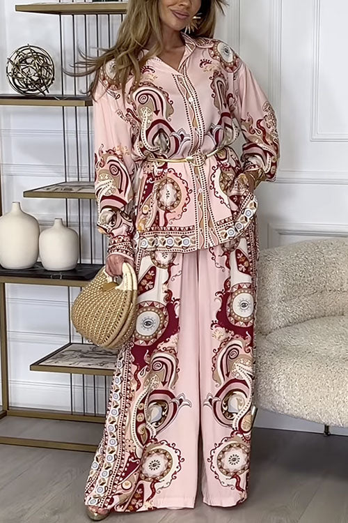 Heididress Unique Print Long Sleeves Button Up Shirt and Wide Leg Palazzo Pants Set