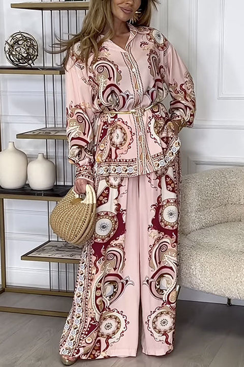 Heididress Unique Print Long Sleeves Button Up Shirt and Wide Leg Palazzo Pants Set