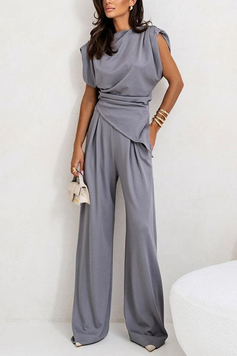 Heididress Ruched Asymmetrical Top and Wide Leg Pants Set
