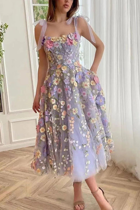 Heididress Bow Shoulder Flower Embroidery Swing Midi Cami Dress