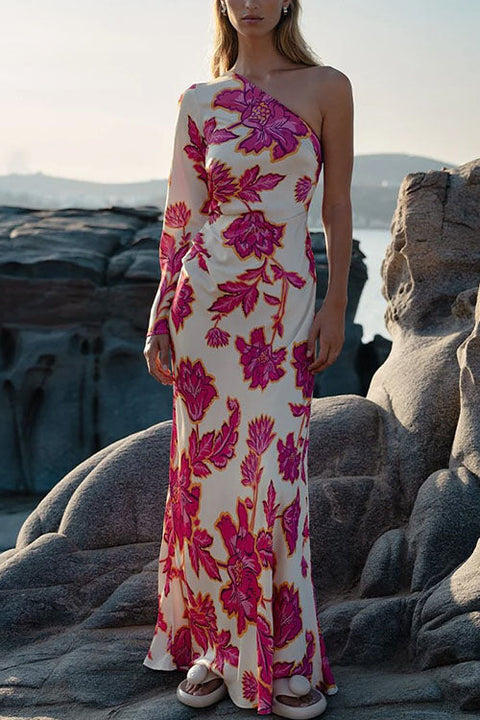 Heididress One Shoulder Long Sleeve Floral Print Maxi Dress