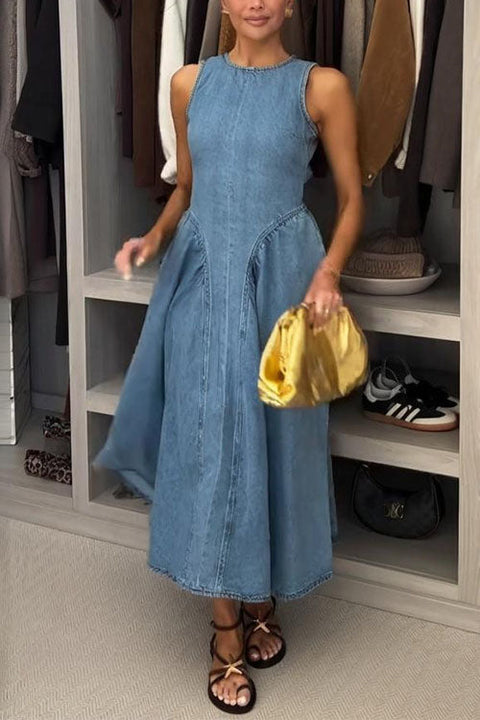 Heididress Open Back Sleeveless A-line Denim Maxi Dress