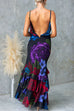 Open Back Ruffle Trim Slit Floral Print Maxi Cami Dress