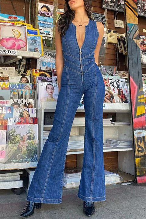 Heididress Zip Up Sleeveless Heart Back Bell Bottom Denim Jumpsuit