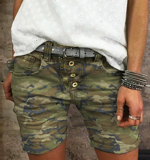 Heididress Elastic Waist Buttons Skinny Camo Shorts