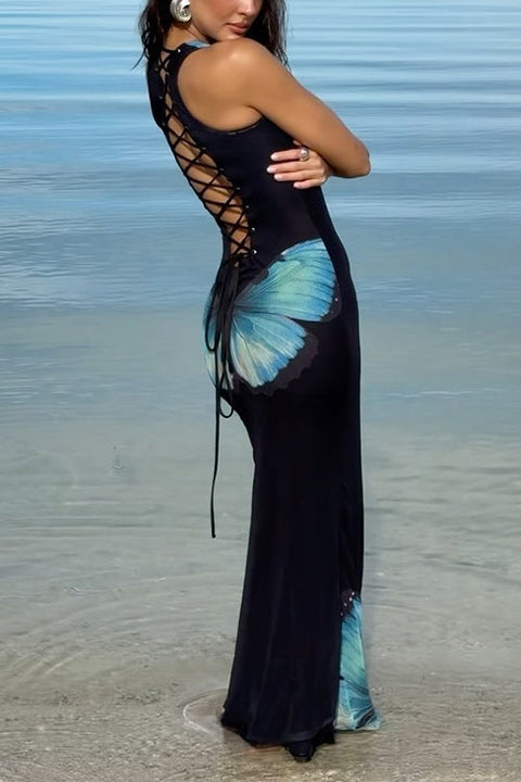 Heididress Back Lace-up Sleeveless Butterfly Print Maxi Dress