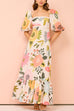 Heididress Square Collar Puff Sleeves Floral Print Cotton Linen Ruffle Maxi Dress