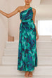 Heididress One Shoulder Drawstring Cut Out Printed Maxi Pleated Dress