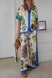 Heididress Unique Print Short Sleeves Button Down Shirt Elastic Waist Wide Leg Pants Set