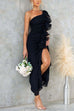Heididress One Shoulder Slit Ruffle Mesh Maxi Dress