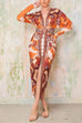 Heididress V Neck Long Sleeves Ruched Slit Printed Midi Dress