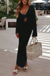 Heididress V Neck Long Sleeves Backless Crochet Hollow Out Knit Maxi Dress