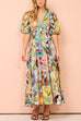 Heididress V Neck Puff Sleeves Cotton Linen Unique Print Maxi Dress