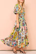 Heididress V Neck Puff Sleeves Cotton Linen Unique Print Maxi Dress