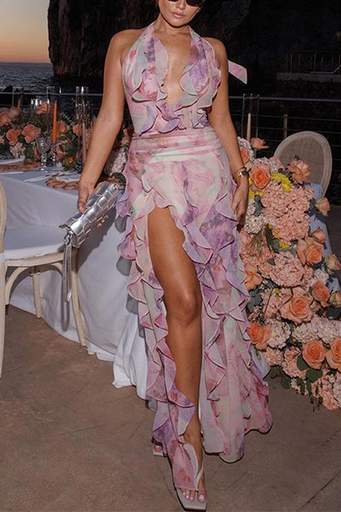 Heididress Dreamy Ruffle Halter V Neck Slit Watercolor Floral Maxi Dress