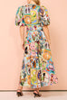 Heididress V Neck Puff Sleeves Cotton Linen Unique Print Maxi Dress