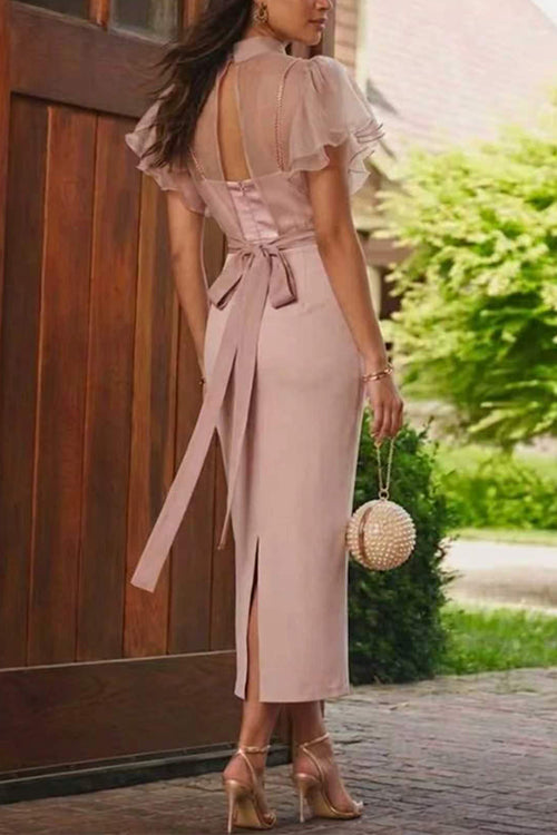 Mockneck Ruffle Short Sleeves Crop Top Back Slit Bodycon Maxi Dress Se –  Heididress