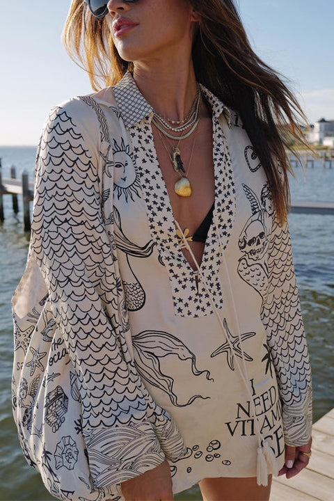Heididress Collared V Neck Shirt and Side Slit Shorts Vitamin Sea Print Set