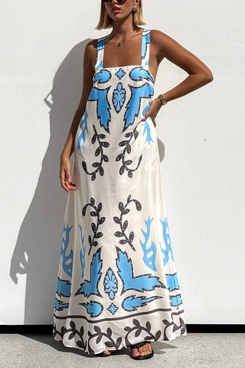 Heididress Square Neck Tie Knot Backless Printed Maxi Cami Dress
