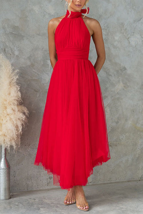 Heididress Bow Knot Halter Open Back Tulle Maxi Dress