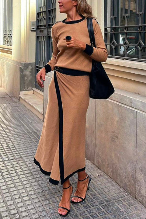 Chicest O Neck Long Sleeves Patchwork Sweater+Wrap Skirt Set