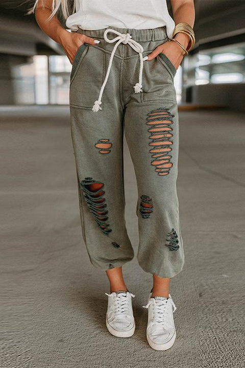 Heididress Tie Waist Ripped Cut Out Joggers with Pockets