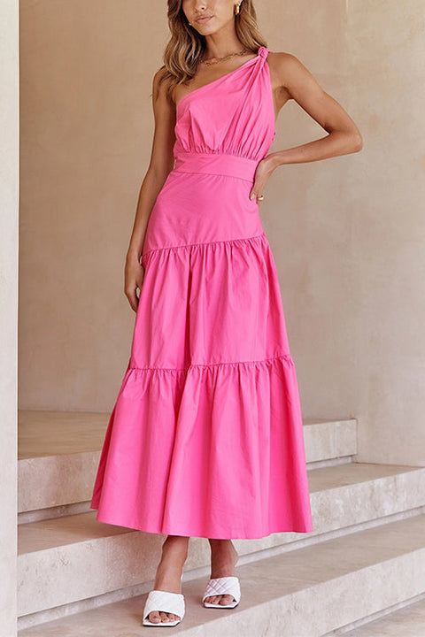 (4 Colors)Heididress One Shoulder High Waist Tiered Maxi Dress