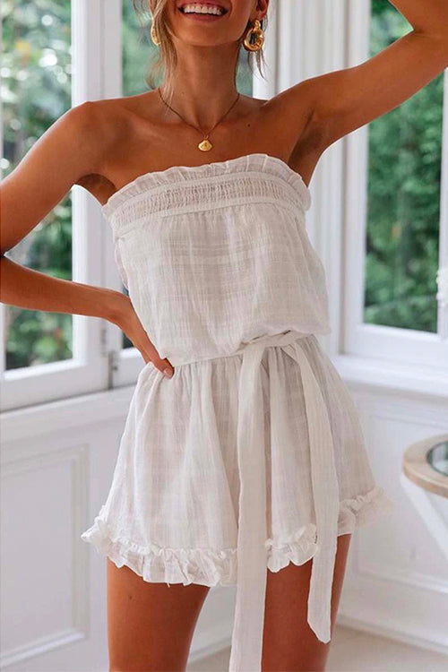 Heididress Off Shoulder Sleeveless Tie Waist Ruffle Romper