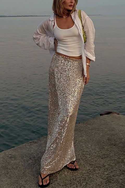 Heididress Elastic Waist Sequin A-line Maxi Skirt