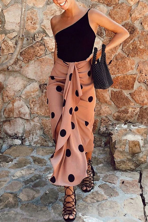 Heididress Drape Front Slit Ruched Polka Dot Skirts