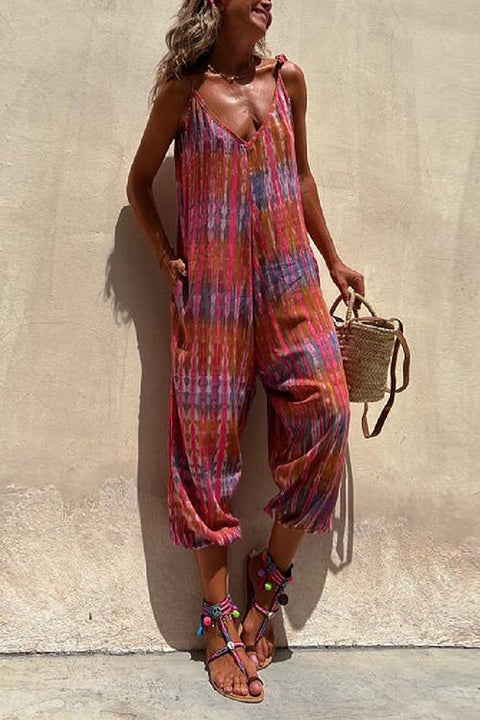 Heididress V Neck Tie Shoulder Pockets Tie Dye Cami Jumpsuit