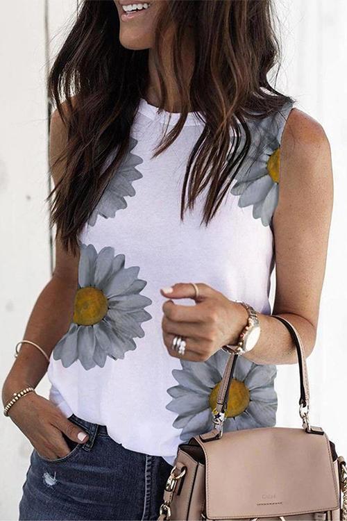 Heididress Crewneck Sleeveless Sunflower Printed Tops