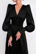 Heididress V Neck Puff Sleeve Waisted Ruffle Satin Dress