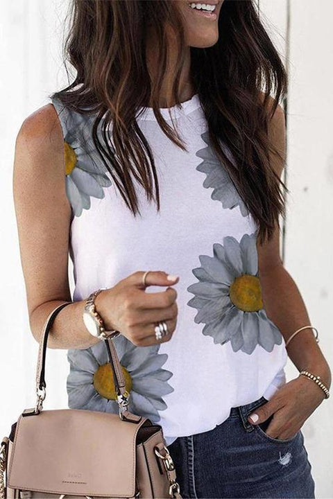 Heididress Crewneck Sleeveless Sunflower Printed Tops