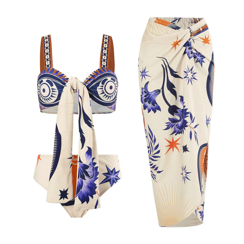 Heididress Printed Tie Front Two Piece Biniki and Twist Cover Up Skirt Set