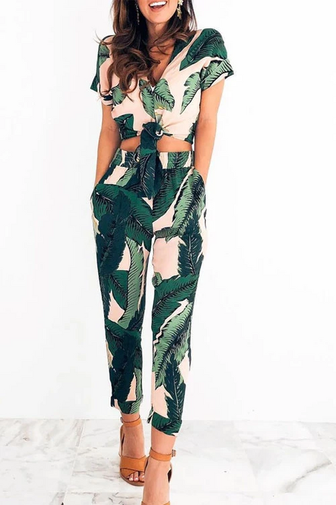 Heididress Crop Top Leaves Pattern Two-Piece Outfits