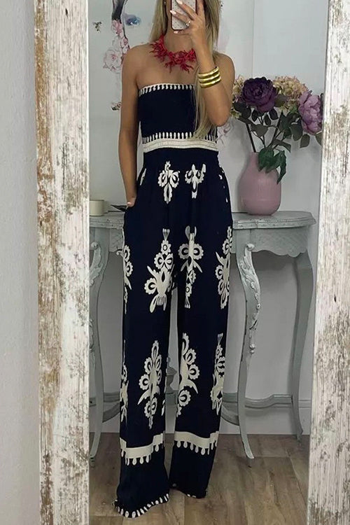 Heididress Off Shoulder Smocked High Waist Wide Leg Printed Jumpsuit