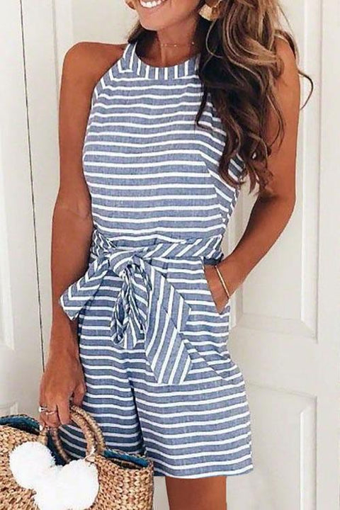 Heididress Crewneck Sleeveless Bow-knot Striped Romper