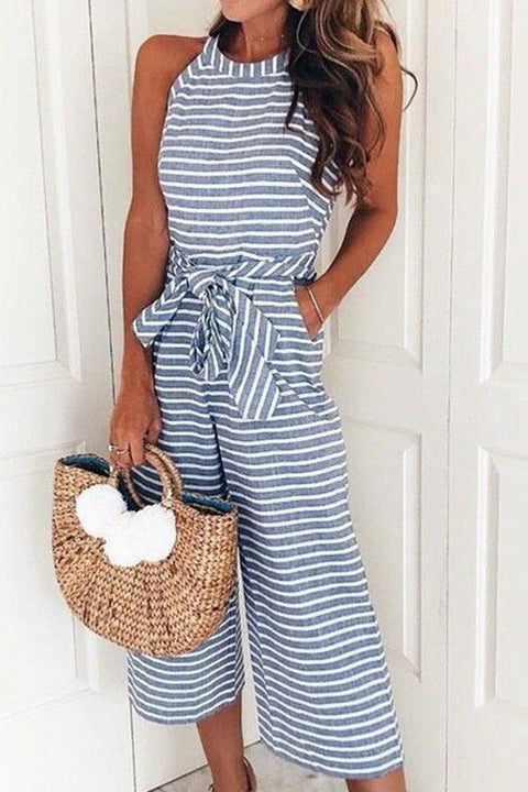 Heididress Sleeveless Knot Waist Wide Leg Striped Jumpsuit