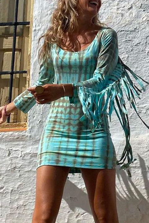 Heididress Tassel Long Sleeve Tie Dye Bodycon Dress