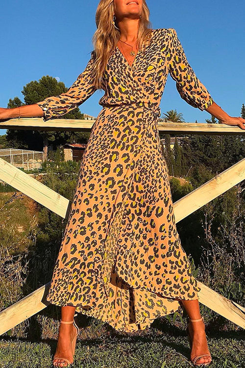 Heididress 3/4 Sleeve Wrap V Neck Leopard Printed Dress