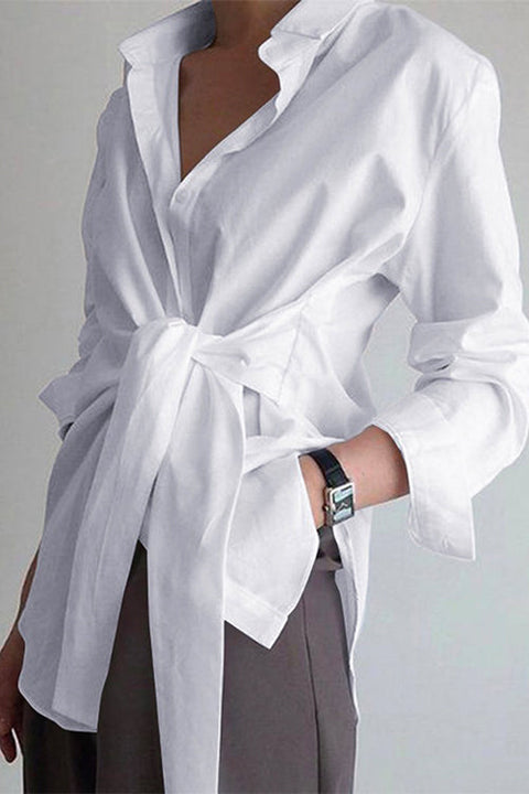 Heididress Lapel Long Sleeve Button Down Knot Front Shirt