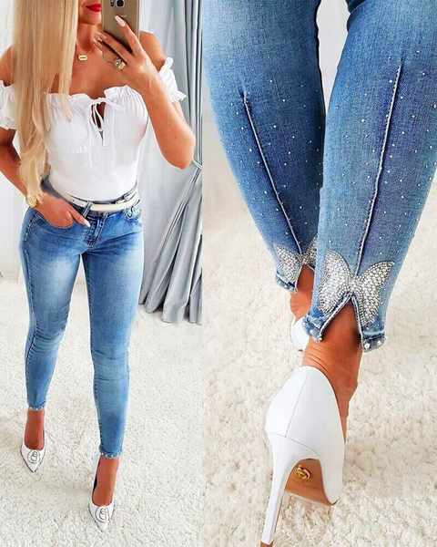 Heididress Beaded Butterfly Distressed Skinny Denim Pants