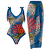 Heididress V Neck Bow Shoulder One-piece Swimwear and Wrap Cover Up Skirt Printed Set