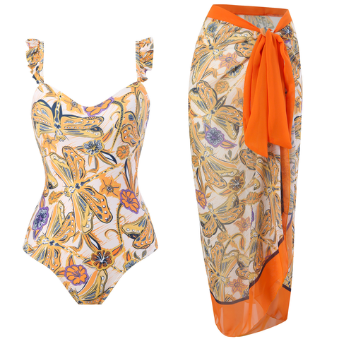 Heididress Dragonfly Print Ruffle One-piece Swimsuit and Wrap Cover Up Skirt Set