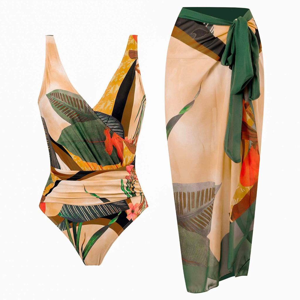 Heididress Wrap V Neck Ruched One-piece Swimsuit and Wrap Cover Up Skirt Printed Set