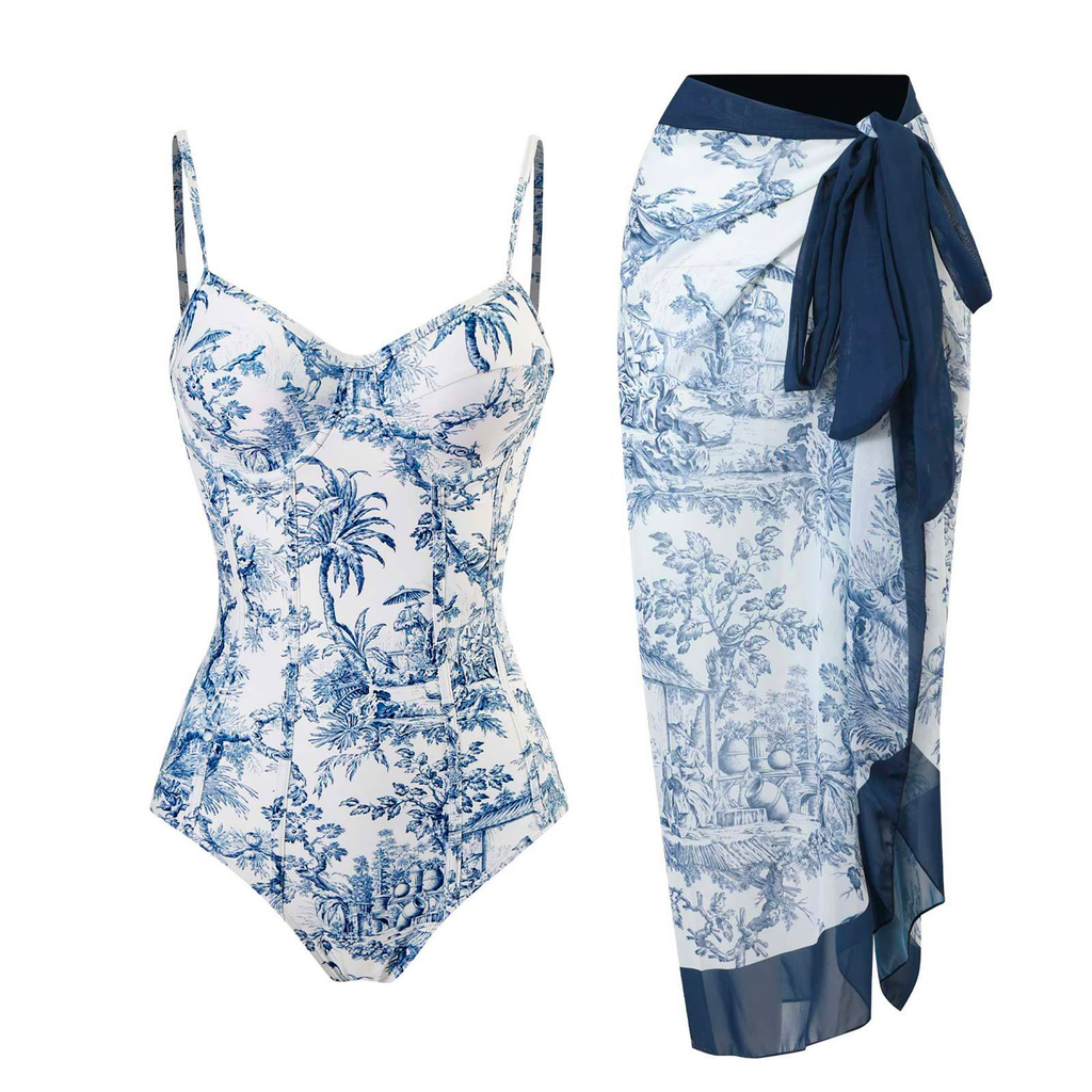 Heididress Push Up Padded One-piece Swimsuit and Wrap Cover Up Skirt Printed Set