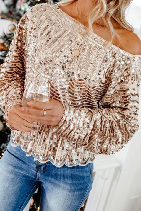 Heididress Long Sleeve Waisted Ruffle Sequin Tops