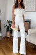 Heididress Strapless Feather Tube Top Flare Bottoms Jumpsuit