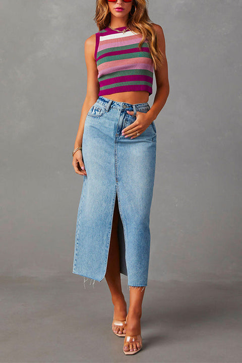 Heididress High Rise Raw Hem Slit Front Denim Midi Skirt